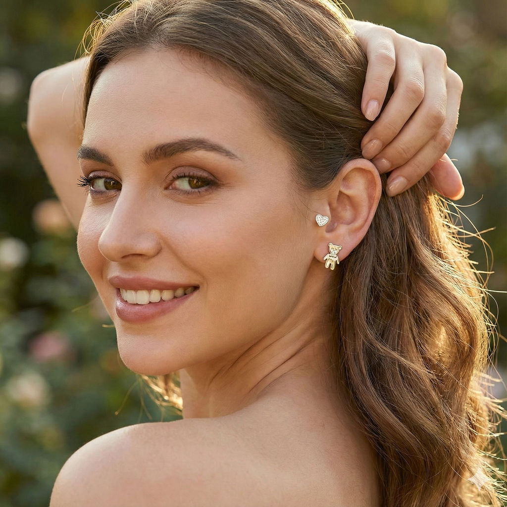 Heart and Bear Stud Earrings (Mixed Pair)