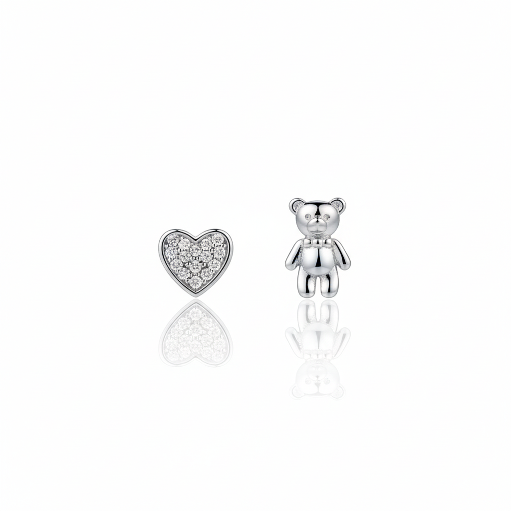 Heart and Bear Stud Earrings (Mixed Pair)
